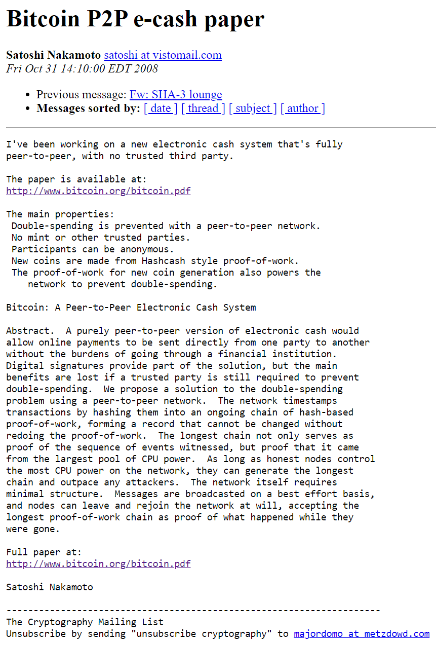 Satoshi Nakamoto's Bitcoin email