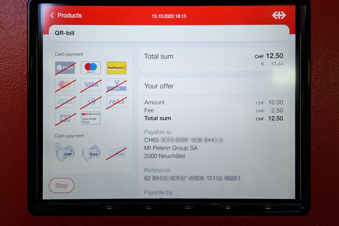 SBB/CFF/FFS train ticket vending machines QR-bill payment screen