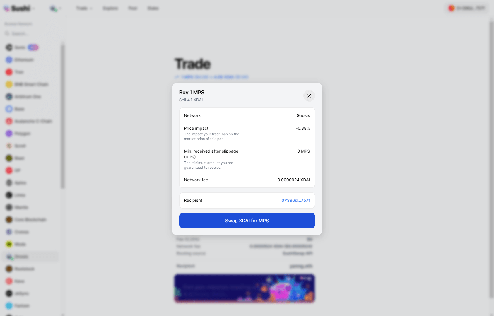 Sushi Swap - Gnosis Chain confirm swap