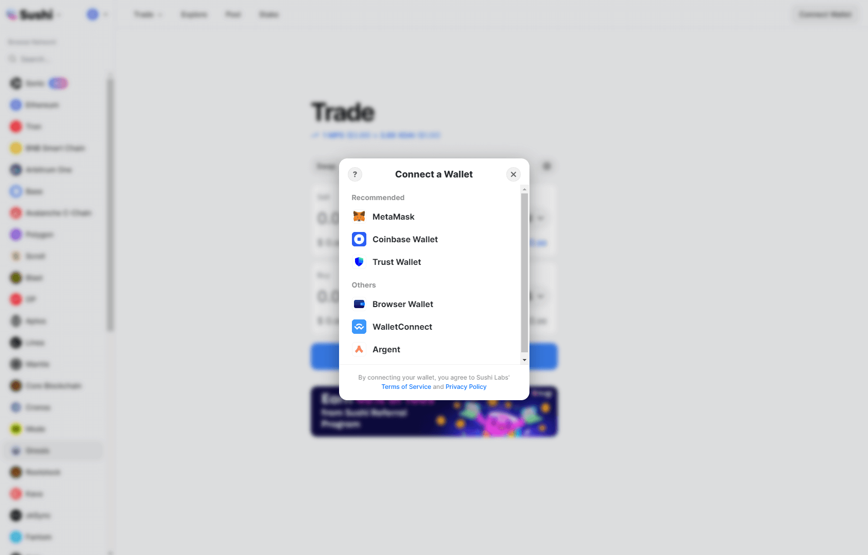 Sushi Swap - Gnosis Chain connect wallet