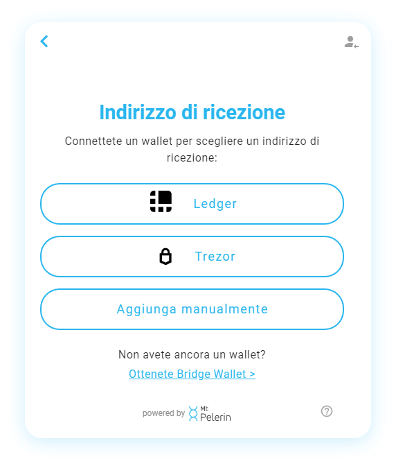 Widget di acquisto Bitcoin Mt Pelerin - Indirizzo di ricezione