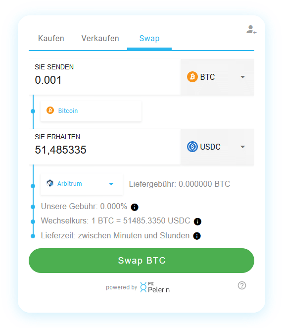 Mt Pelerin BTC-USDC swap widget