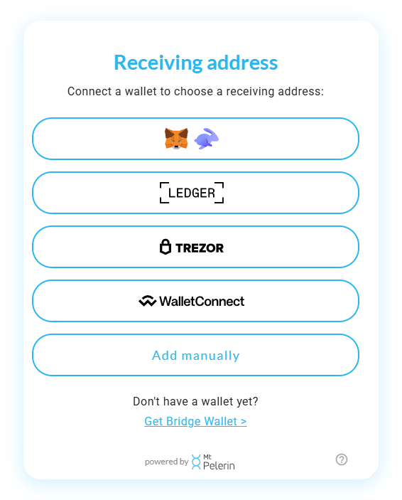 Mt Pelerin swap widget send & receive address