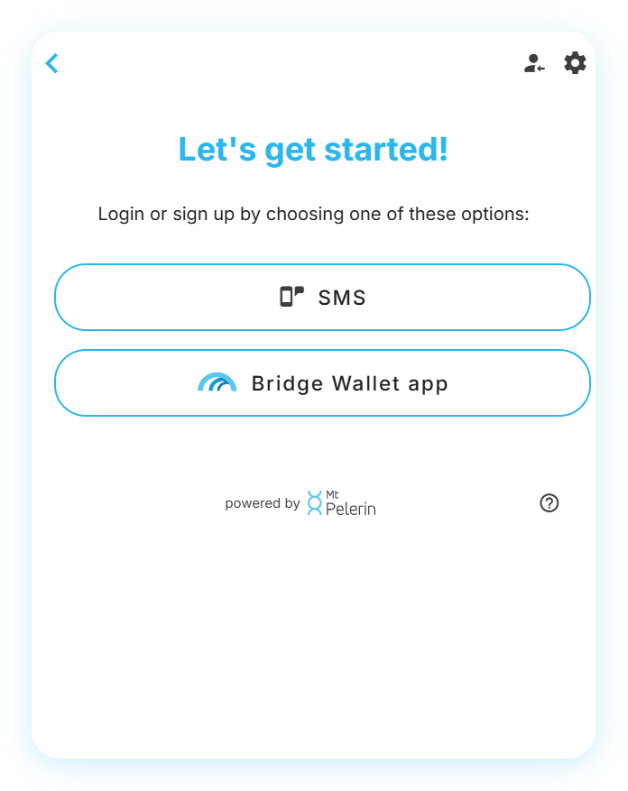 Screenshot of the Mt Pelerin widget showing the login/signup options Screenshot of the Mt Pelerin widget showing the login/signup options