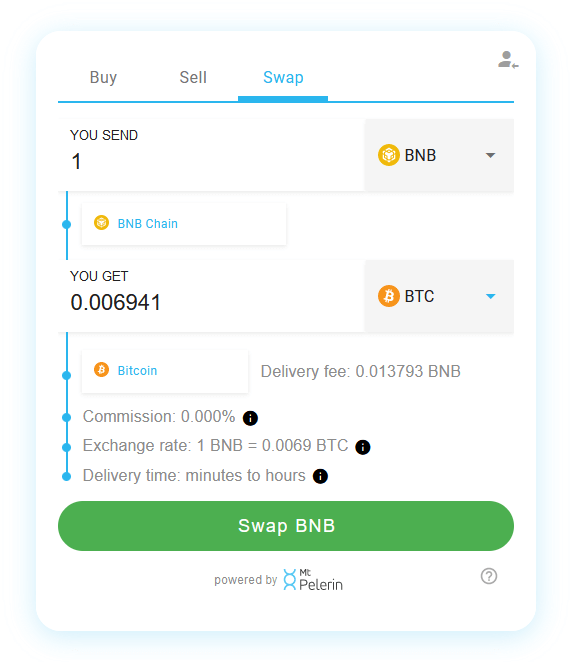 Mt Pelerin BNB-BTC swap widget