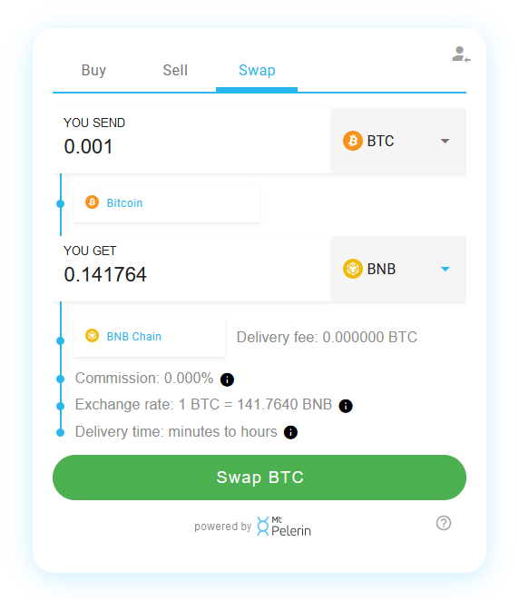 Mt Pelerin BTC-BNB swap widget