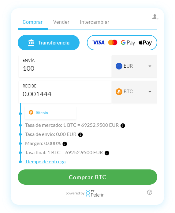Widget de compra de criptomonedas Mt Pelerin
