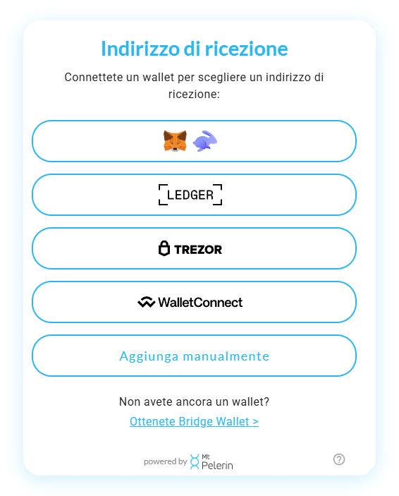 Widget di acquisto di criptovalute Mt Pelerin - Indirizzo di ricezione