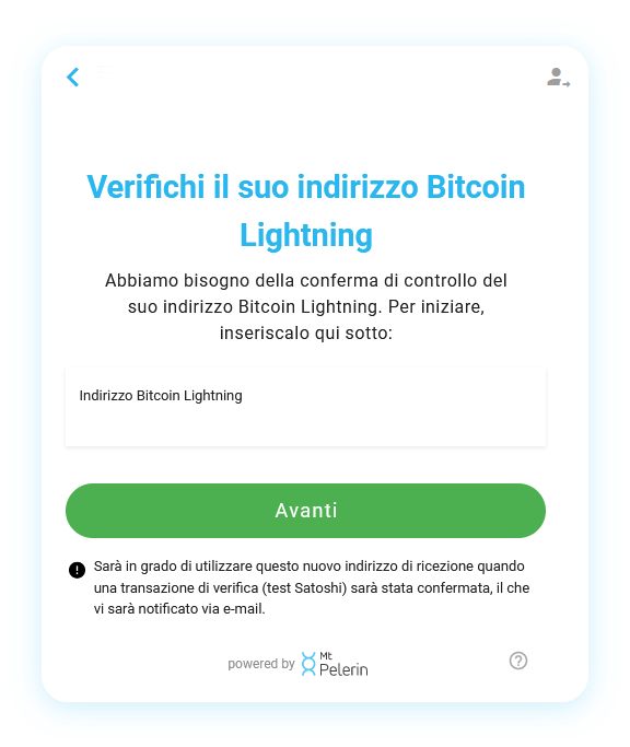 Widget di acquisto Bitcoin Mt Pelerin - Indirizzo di ricezione