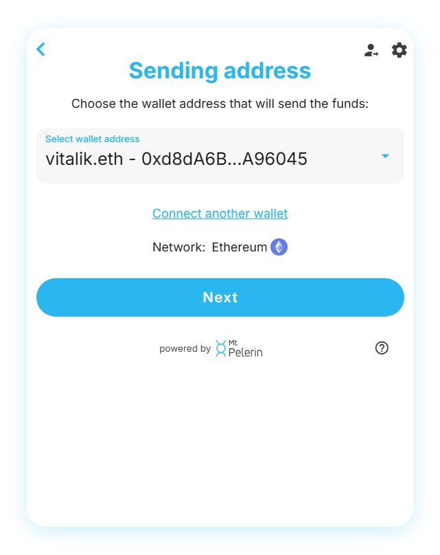 Screenshot of the Mt Pelerin widget showing the wallet connection options for the sending address Screenshot of the Mt Pelerin widget showing the wallet connection options for the sending address