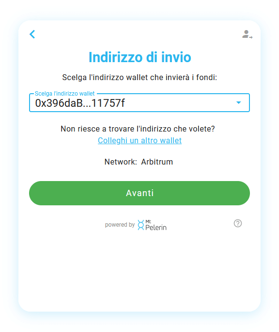 Widget di vendita di criptovalute Mt Pelerin - Indirizzo di ricezione