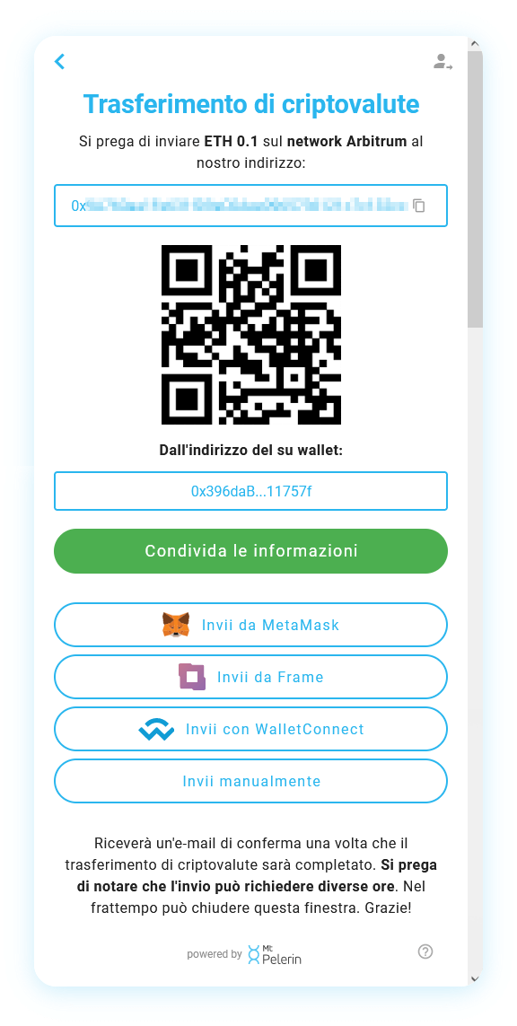 Widget di vendita di criptovalute Mt Pelerin - Trasferimento cripto