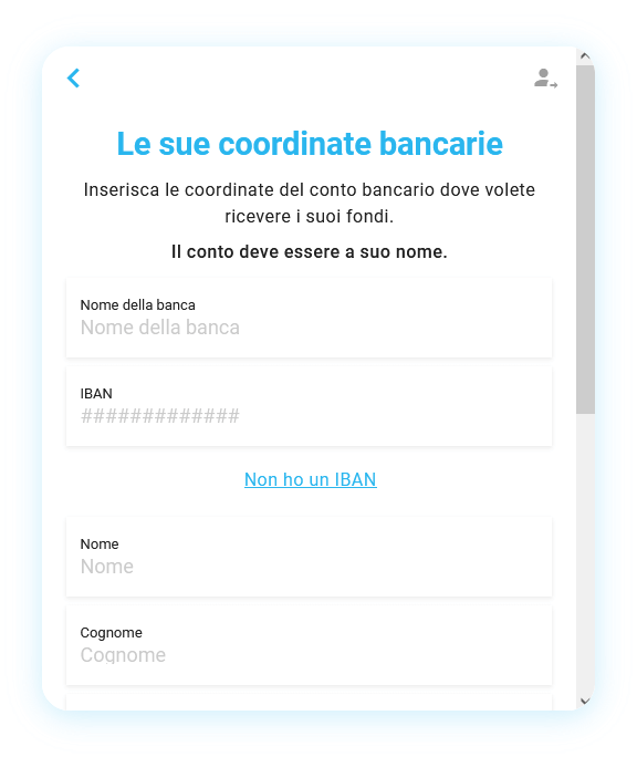 Widget di vendita di criptovalute Mt Pelerin - Conto bancario