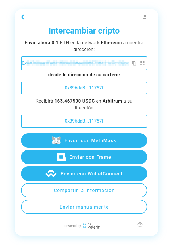 Mt Pelerin widget de swap enviar cripto